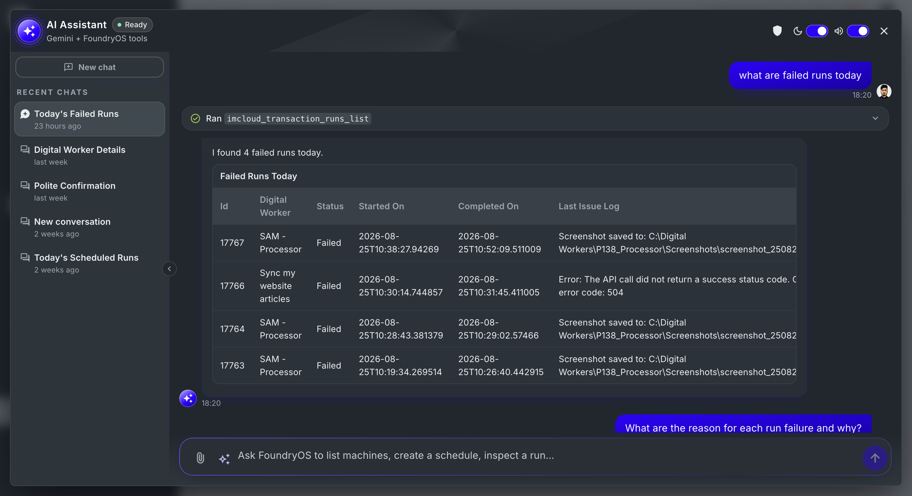 Ask AI chat listing today's failed digital worker runs in a table with error details